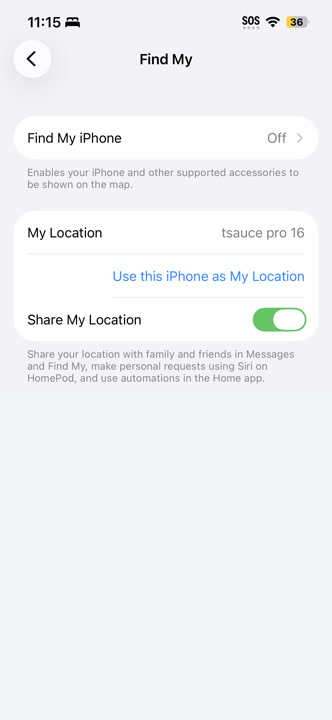 The Find My screen. Find My iPhone is the first row.