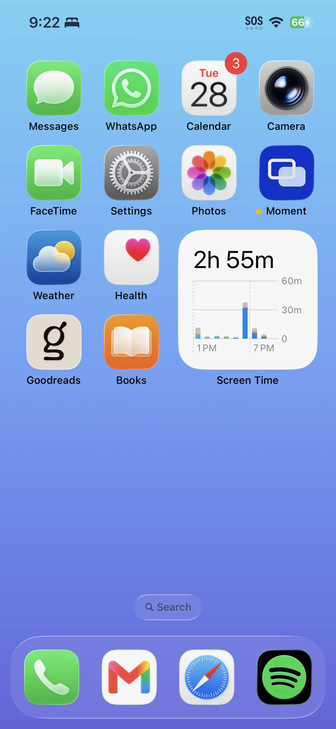 An iPhone home screen with the blocked apps gone.